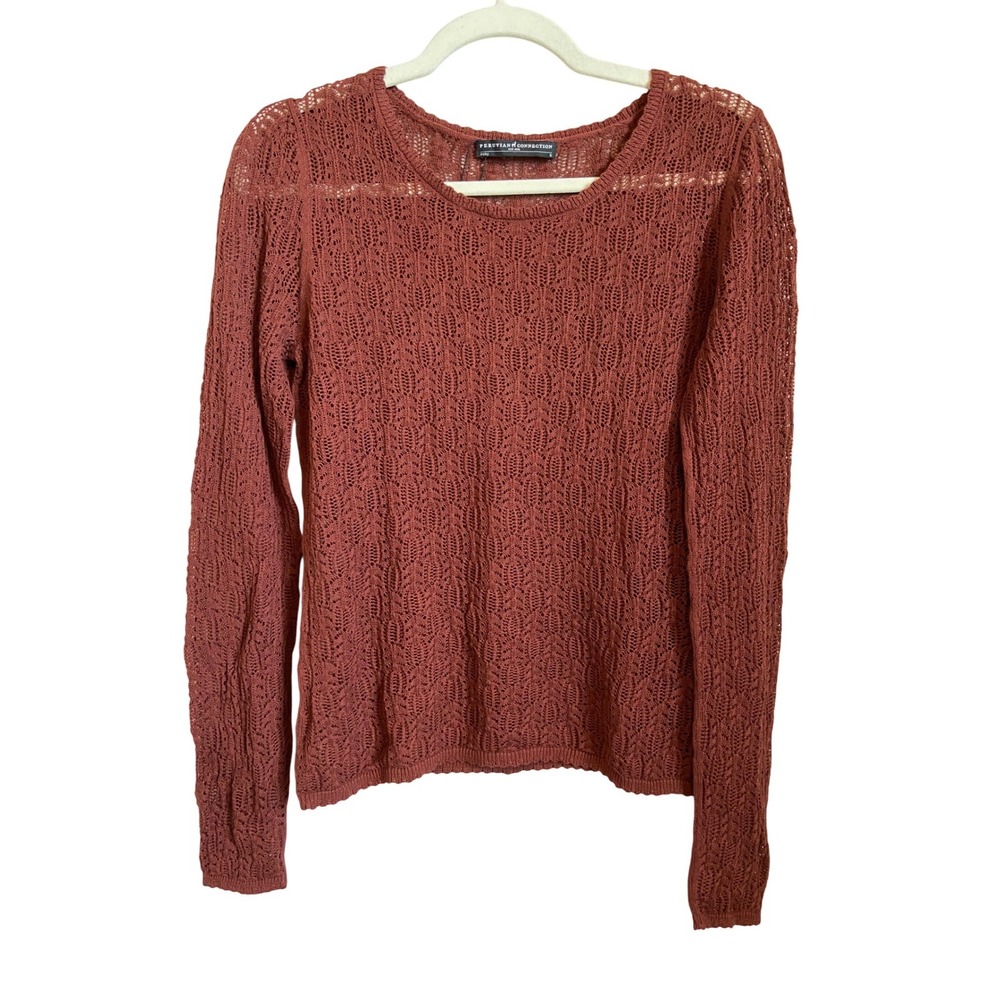 Peruvian Connection Rust Terracotta 100% Pima Cotton Pointelle Knit Sweater S